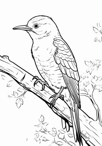 Tawny woodpecker on branch, coloring pages, Berenstain style