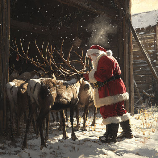 Santa Claus feeding his reindeer in a snowy barn
