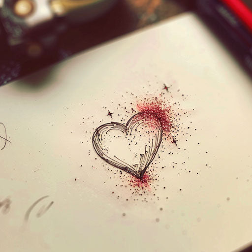 Minimalist sketch of sparkle tattoo in simple heart filled with red glitter