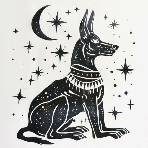 Anubis stencil in a serene pose with stars and moons