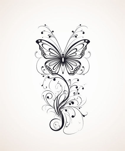 Black and white butterfly tattoo for two in stencil style with vines
