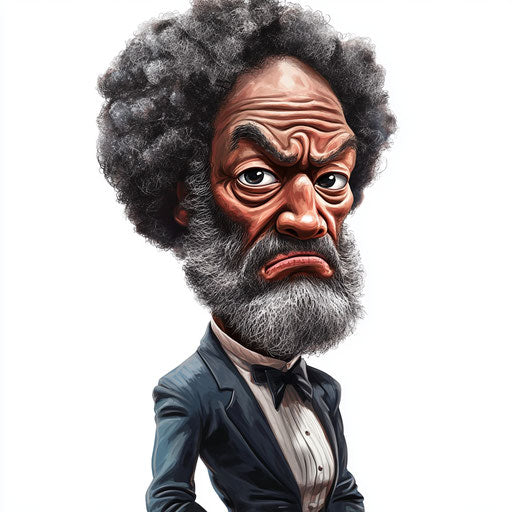 Humorous caricature of a Frederick Douglass clipart with exaggerated expressive eyes, thin arms, monochrome, vibrant colors, cartoon style, frowning, high resolution, no background, isolated