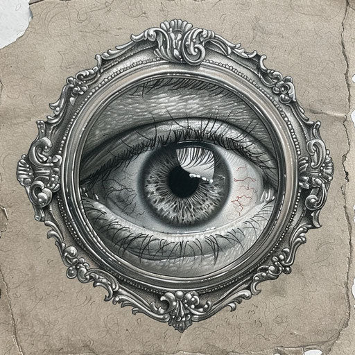 Self-reflection with a tattoo sketch of an eyeball gazing into a mirror