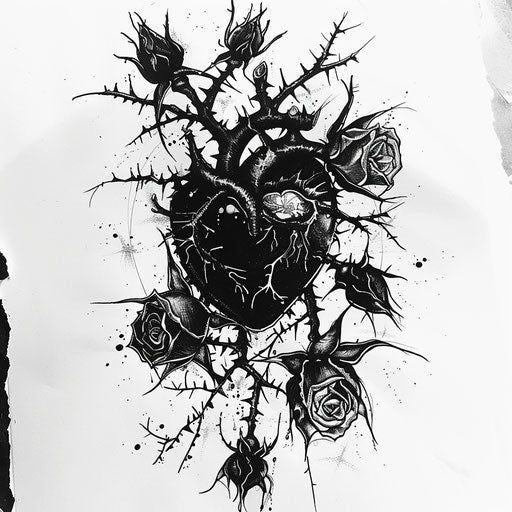 Black heart surrounded by dark thorny roses