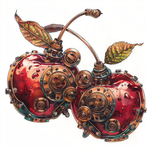 Steampunk cherry tattoo with mechanical elements