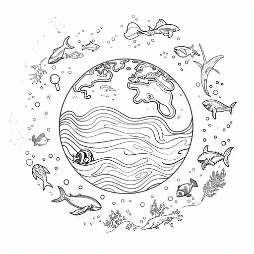Outline of Earth with marine life and ocean waves