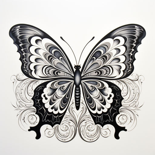 Black butterfly on white paper, engraved ornaments style