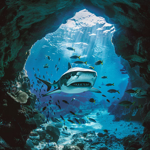 Tiger shark emerging from the shadows of an underwater cave