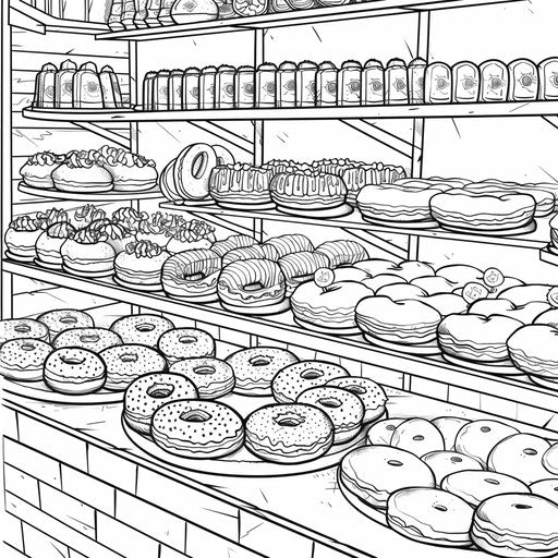 Donut shop scene with a variety of donuts on display. Coloring book page