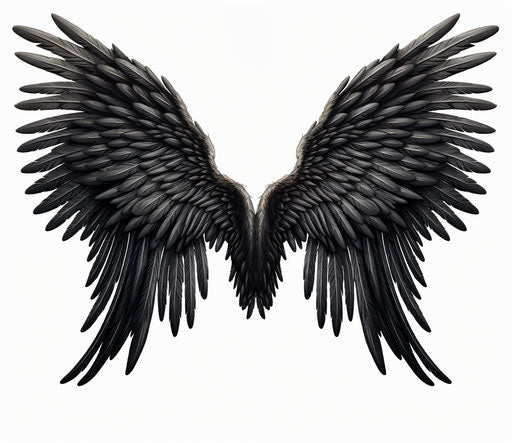 Black wings engraved, rounded angelic style, white background