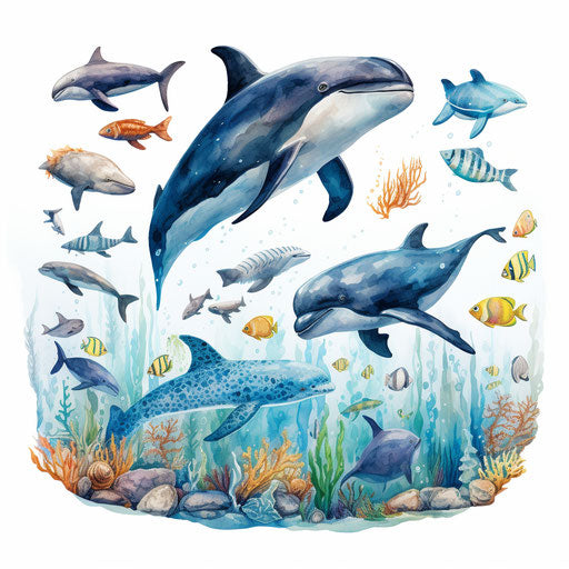 Ocean animals clipart in the style of an Oil painting, on white background