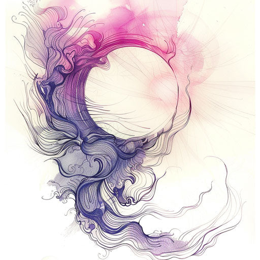 Romantic tattoo sketch of a rising sun with soft pink and purple hues