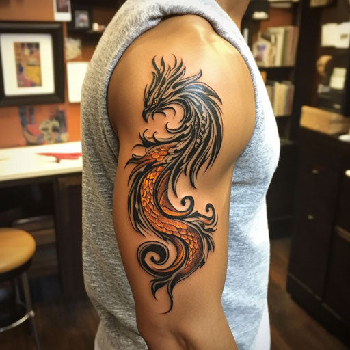 Tribal tattoos for men with a tribal phoenix rising from flames on the bicep in the style of Humberto Ramos
