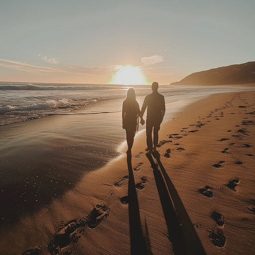 Couple's shadows walking hand in hand towards the sunset