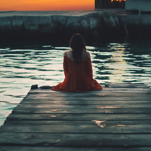 Woman sitting on the dock, somber mood, dark red and light orange