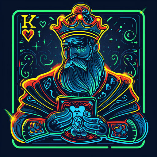 Flat tattoo sketch of king of hearts with neon blue and green highlights
