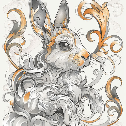 Elegant flat tattoo sketch of a bunny with art nouveau swirls in silver and gold tones