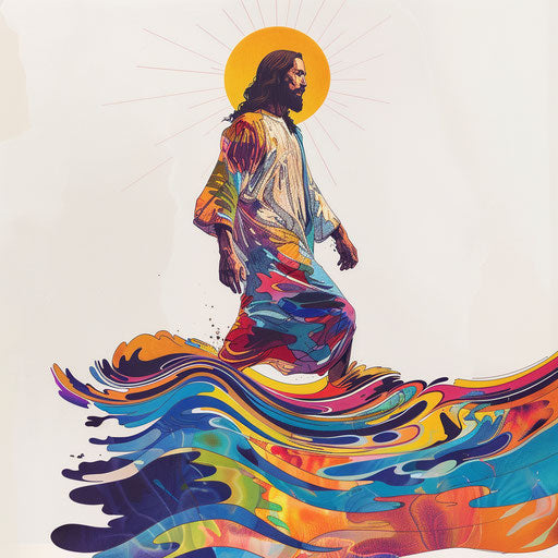 Jesus walking on water with waves and light rays