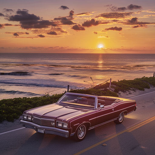 1976 Malibu Classic transformed into a classy convertible, driving along a beach road at sunrise.