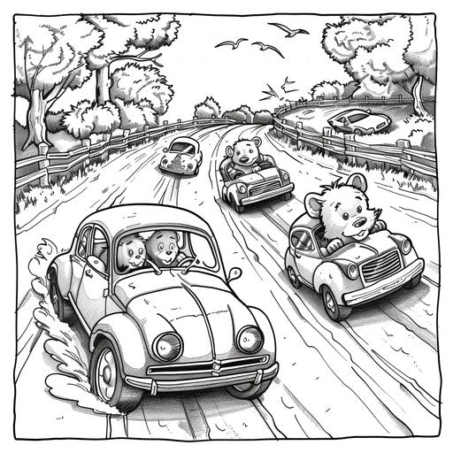 Animal race cars, playful scene, coloring book page