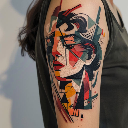 Cubist-inspired tattoo of Persephone in bold colors