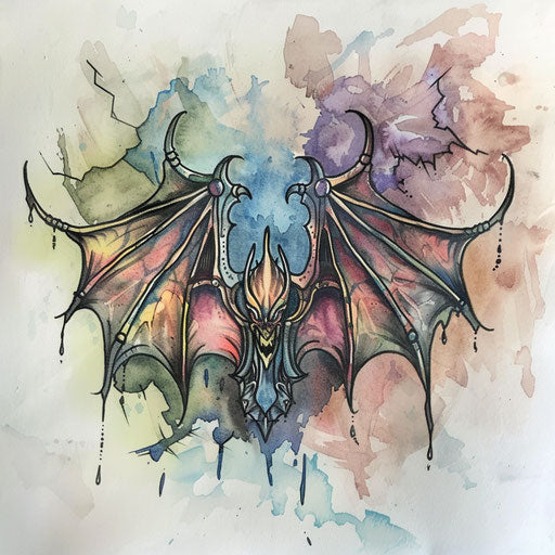 Watercolor tattoo sketch of a Batok motif with blending colors and a translucent effect