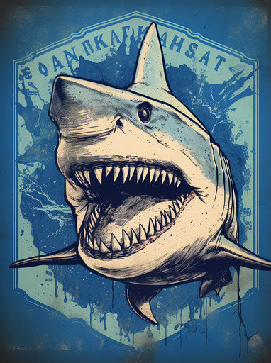 Shark art poster, humorous and heartfelt style, light navy and dark aquamarine, tattoo, ashcan school, honeycore, ink and wash, environmental awareness 93:125