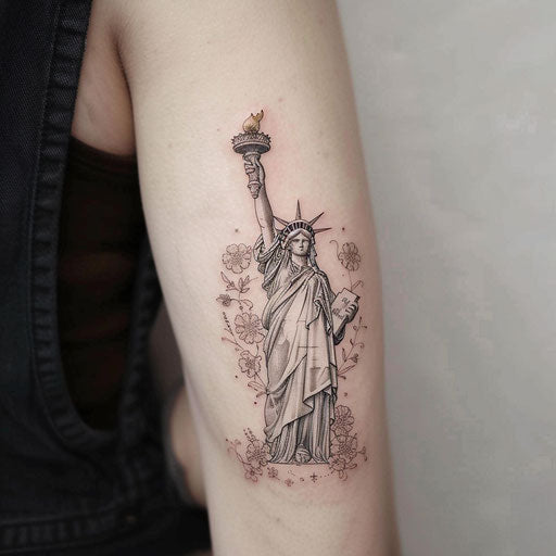 Delicate tattoo sketch of the Statue of Liberty surrounded by fine floral embellishments