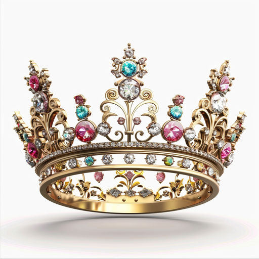 Queen crown clipart in photorealistic style with flat white background, enhanced by dynamic shadows and vibrant highlights