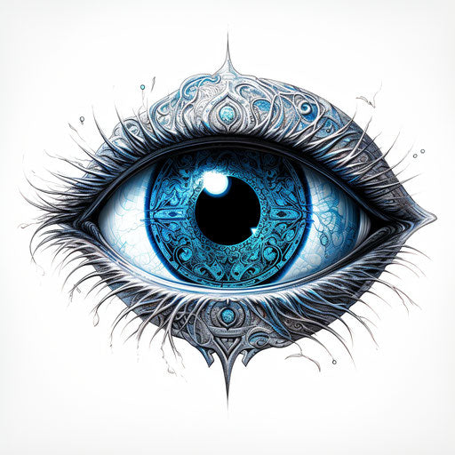 Blue eye tattoo in Zenin-Mayhew style, silver transparency