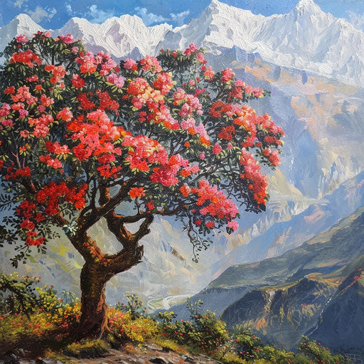 Rhododendron tree full of red and pink flowers on mountain wall in Himalayas