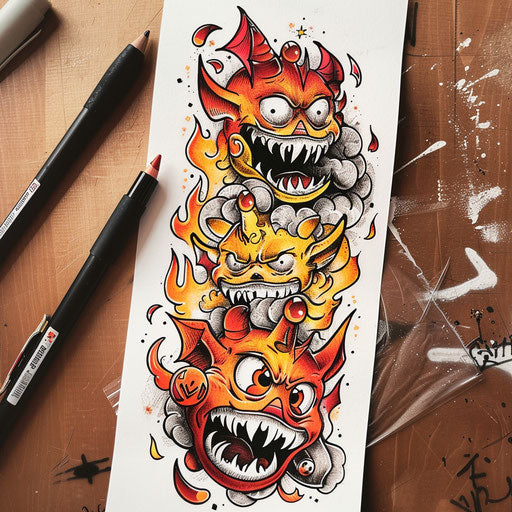 Charming sketch of a flat tattoo of a cartoonish hell with cheeky little devils and playful fire