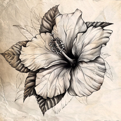 Vintage botanical illustration of a hibiscus stylized as tattoo design on white aged paper