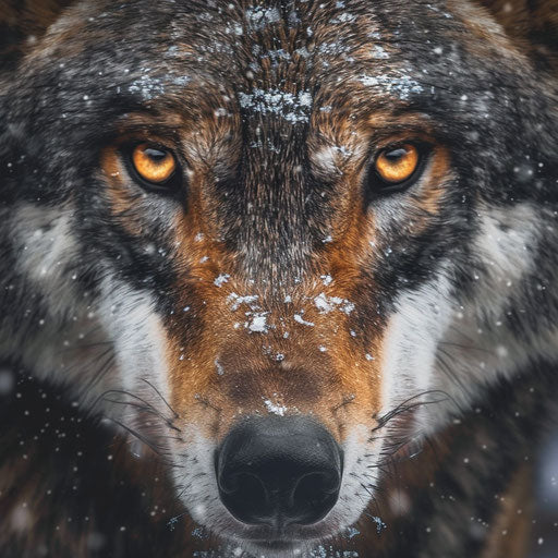 Intense gaze of a wolf against snowy scenery