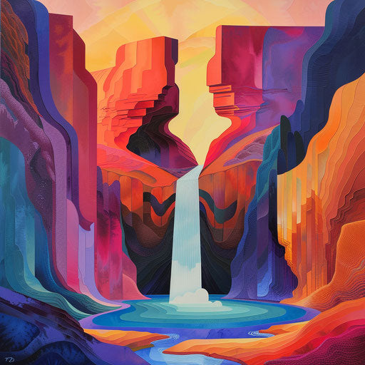 Abstract waterfall in a colorful desert landscape in the style of Ed Mell