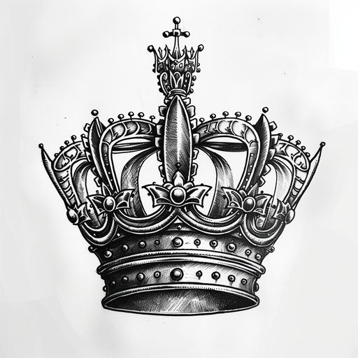 Intricate king crown tattoo in black ink on white