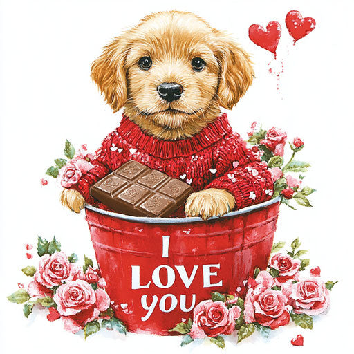 Adorable golden retriever puppy in a bucket of roses and hearts