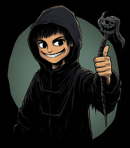 Boy with scythe giving thumbs up