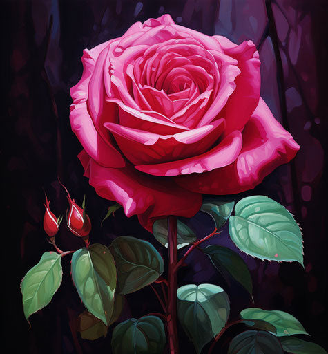 A pink rose in front of green leaves, dark magenta and light crimson style, pretty 27:29