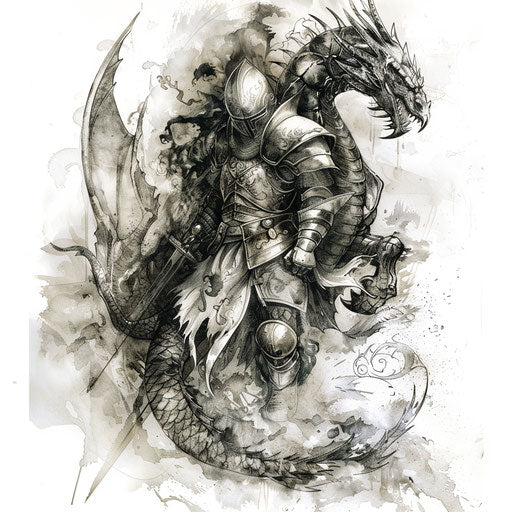 Artistic tattoo sketch of a knight battling a dragon in watercolor