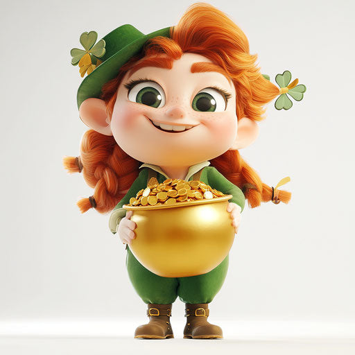 Elf with gold pot, white background, clipart style, cartoon, Disney Pixar style