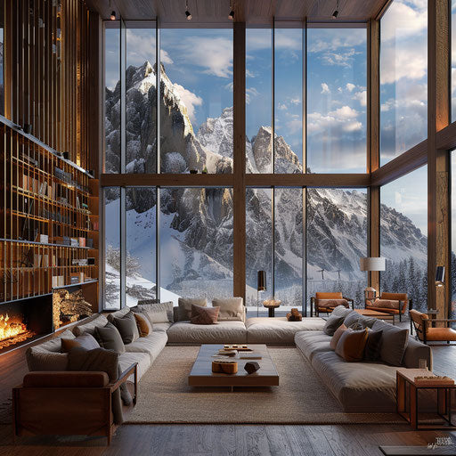Mountain refuge with panoramic view, in the style of Jimmy Chin