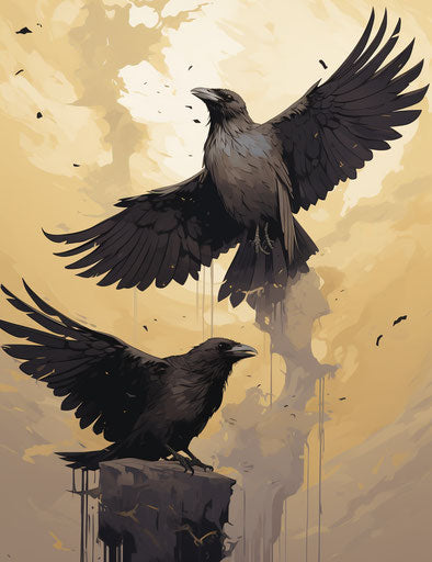 Raven and crow, black wings on beige background
