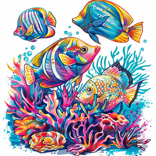 Vibrant tattoo sketch of tropical fish in coral reefs
