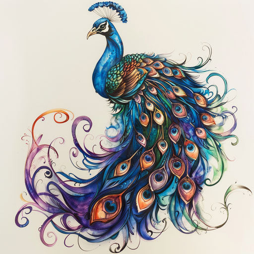 Art Nouveau peacock feather in rich colors on white paper