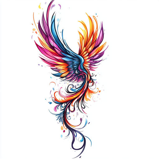 Angel neck tattoo with vibrant colors and abstract wings