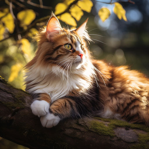 Norwegian forest cat lying on a tree branch