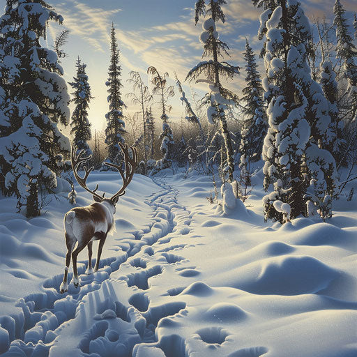 Woodland caribou leaving tracks in fresh snow