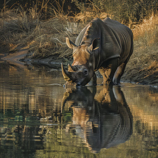 West African black rhinoceros drinking in a serene river