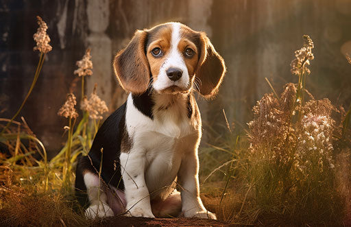 A beagle puppy sitting on grass near plantings
